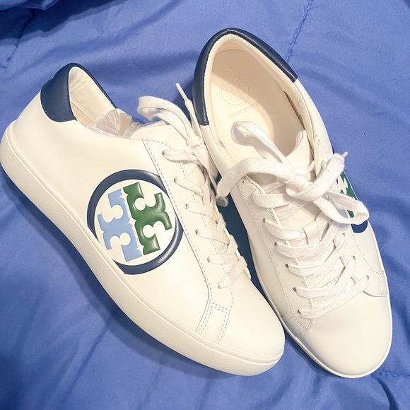 Tory Burch Shoes - Tory Burch Leigh T Logo Sneakers Leather White Blue Green Shoes Women 9M